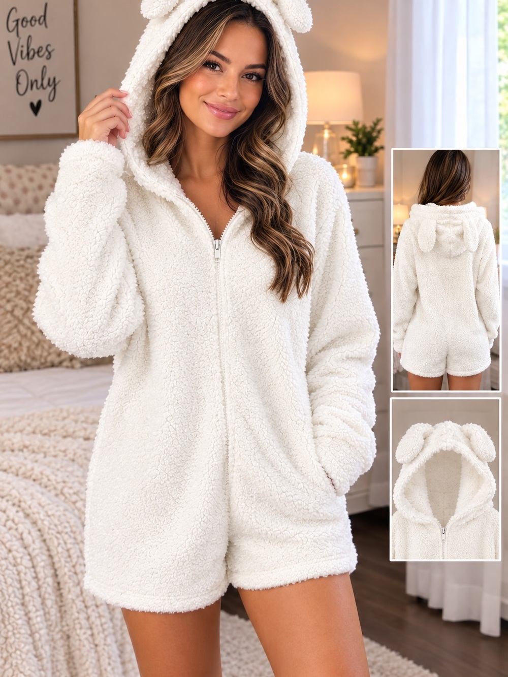 SHEIN Cream Sherpa Teddy Hooded Zip Romper
